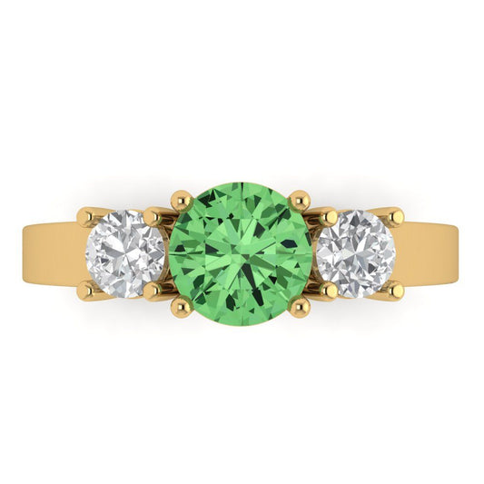 1.5 cttw Zirconia Simulated Green Diamond Three-Stone Engagement Ring - Solid Yellow Gold (VVS1, Round Cut,6.5mm)