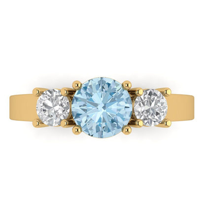 1.5 cttw Natural Aquamarine Three-Stone Engagement Ring - Solid Gold (Round Cut,6.5mm)