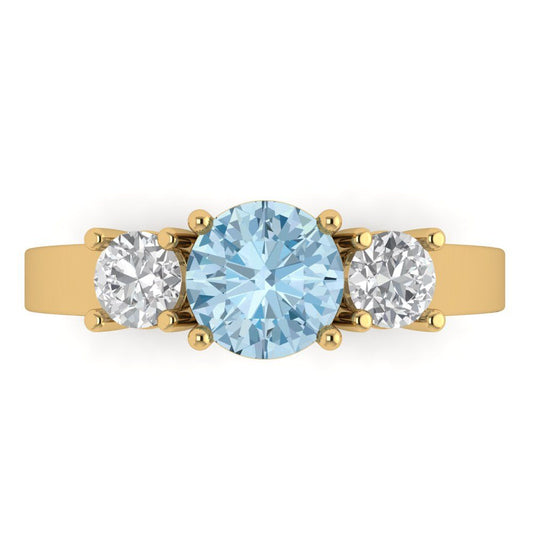 1.5 cttw Natural Aquamarine Three-Stone Engagement Ring - Solid Yellow Gold (VVS1, Round Cut,6.5mm)