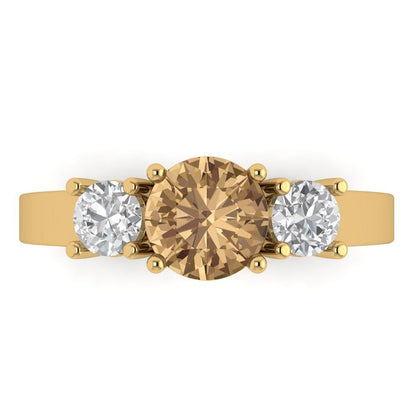 1.5 cttw Zirconia Simulated Champagne Diamond Three-Stone Engagement Ring - Solid Gold (VVS1, Round Cut,6.5mm)
