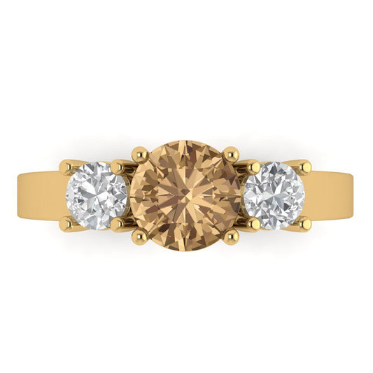 1.5 cttw Zirconia Simulated Champagne Diamond Three-Stone Engagement Ring - Solid Yellow Gold (VVS1, Round Cut,6.5mm)