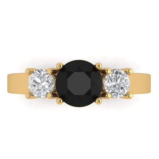 1.5 cttw Natural Onyx Three-Stone Engagement Ring - Solid Yellow Gold (VVS1, Round Cut,6.5mm)