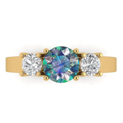 1.5 cttw Blue Moissanite Three-Stone Engagement Ring - Solid Gold (Round Cut,6.5mm)