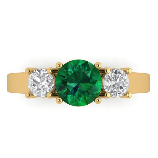 1.5 cttw Simulated Emerald Three-Stone Engagement Ring - Solid Yellow Gold (VVS1, Round Cut,6.5mm)
