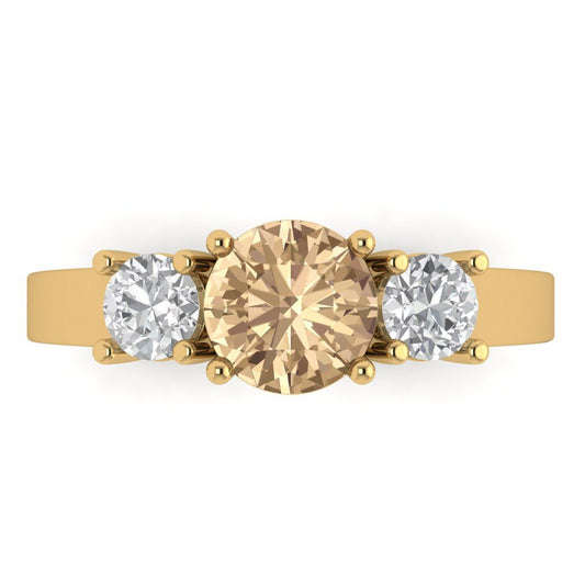 1.5 cttw Yellow Moissanite Three-Stone Engagement Ring - Solid Yellow Gold (VVS1, Round Cut,6.5mm)