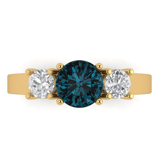 1.5 cttw Natural London Blue Topaz Three-Stone Engagement Ring - Solid Yellow Gold (VVS1, Round Cut,6.5mm)