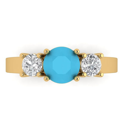 1.5 cttw Simulated Turquoise Three-Stone Engagement Ring - Solid Gold (Round Cut,6.5mm)