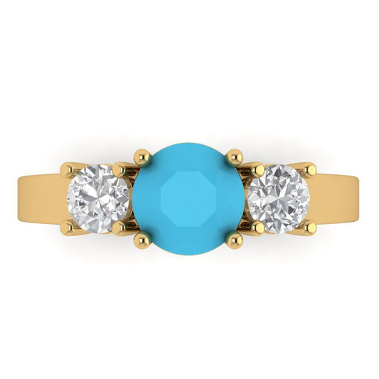 1.5 cttw Simulated Turquoise Three-Stone Engagement Ring - Solid Yellow Gold (VVS1, Round Cut,6.5mm)