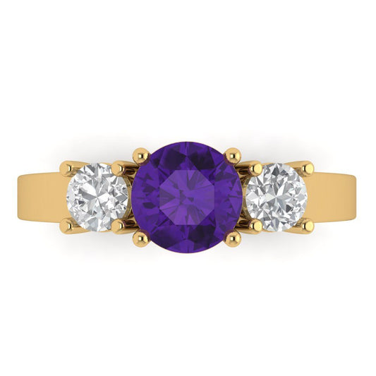 1.5 cttw Natural Amethyst Three-Stone Engagement Ring - Solid Yellow Gold (VVS1, Round Cut,6.5mm)