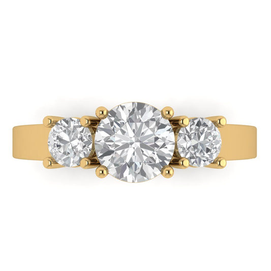 1.5 cttw Moissanite Three-Stone Engagement Ring - Solid Yellow Gold (VVS1, Round Cut,6.5mm)