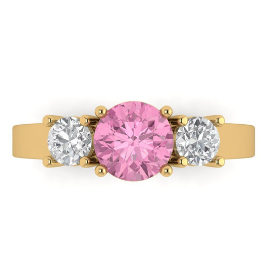 1.5 cttw Zirconia Simulated Pink Diamond Three-Stone Engagement Ring - Solid Yellow Gold (VVS1, Round Cut,6.5mm)
