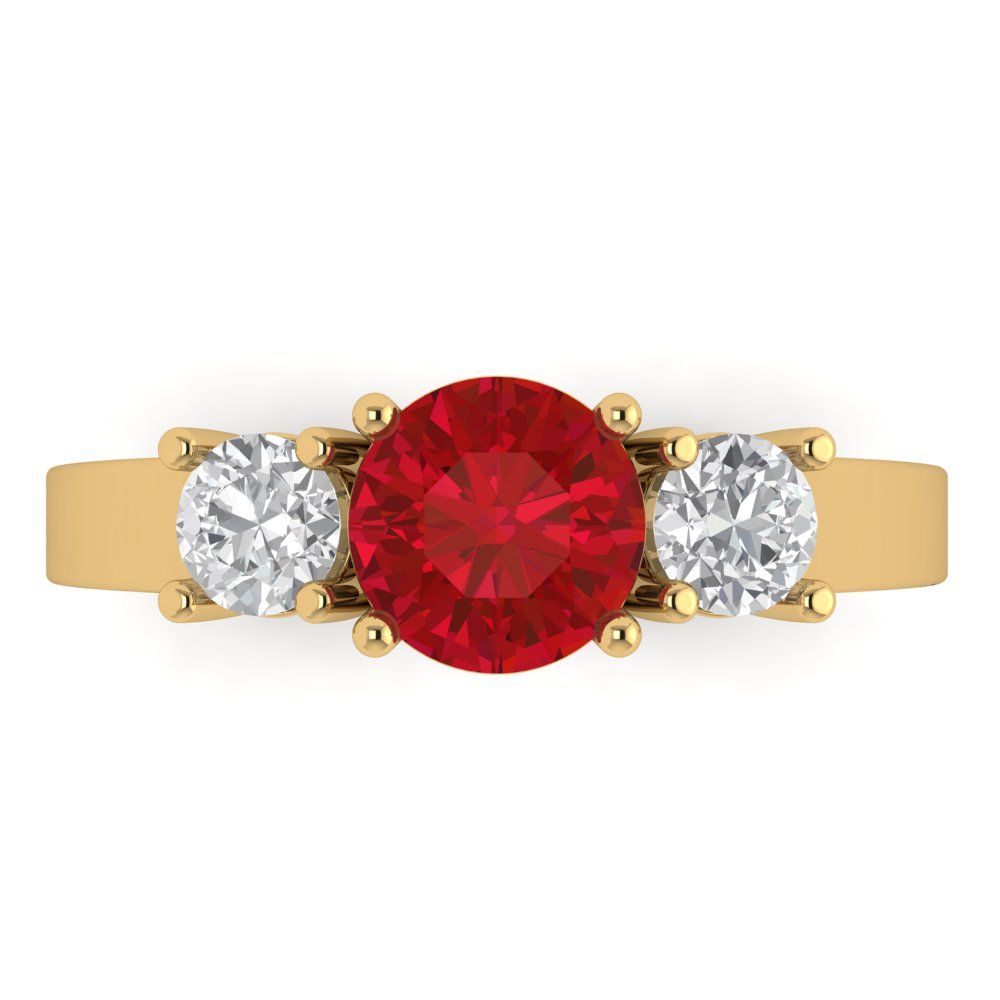 1.5 cttw Simulated Ruby Three-Stone Engagement Ring - Solid Yellow Gold (VVS1, Round Cut,6.5mm)