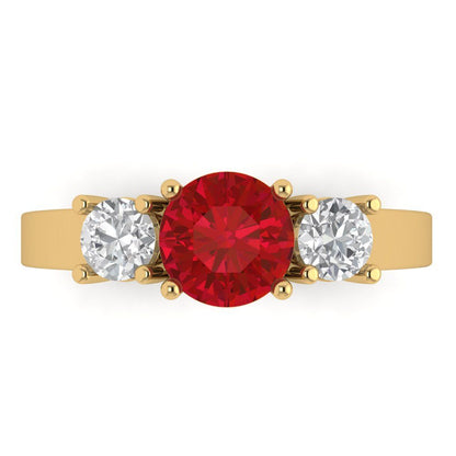 1.5 cttw Simulated Ruby Three-Stone Engagement Ring - Solid Yellow Gold (VVS1, Round Cut,6.5mm)