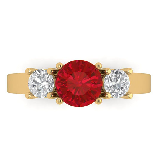 1.5 cttw Simulated Ruby Three-Stone Engagement Ring - Solid Yellow Gold (VVS1, Round Cut,6.5mm)