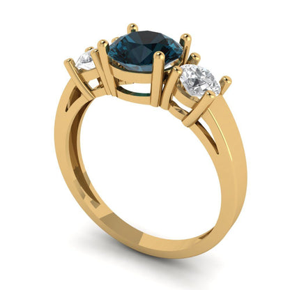 1.5 cttw Natural London Blue Topaz Three-Stone Engagement Ring - Solid Gold (Round Cut,6.5mm)