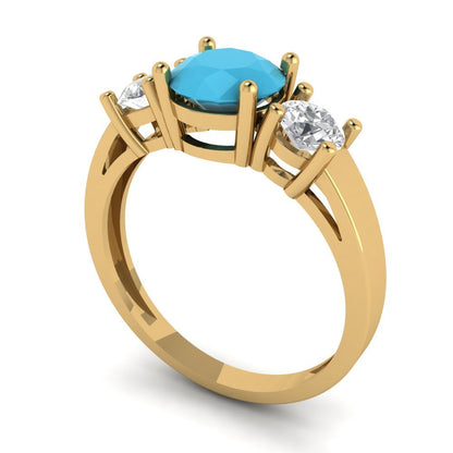 1.5 cttw Simulated Turquoise Three-Stone Engagement Ring - Solid Gold (Round Cut,6.5mm)