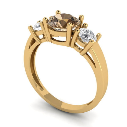 1.5 cttw Zirconia Simulated Champagne Diamond Three-Stone Engagement Ring - Solid Gold (VVS1, Round Cut,6.5mm)