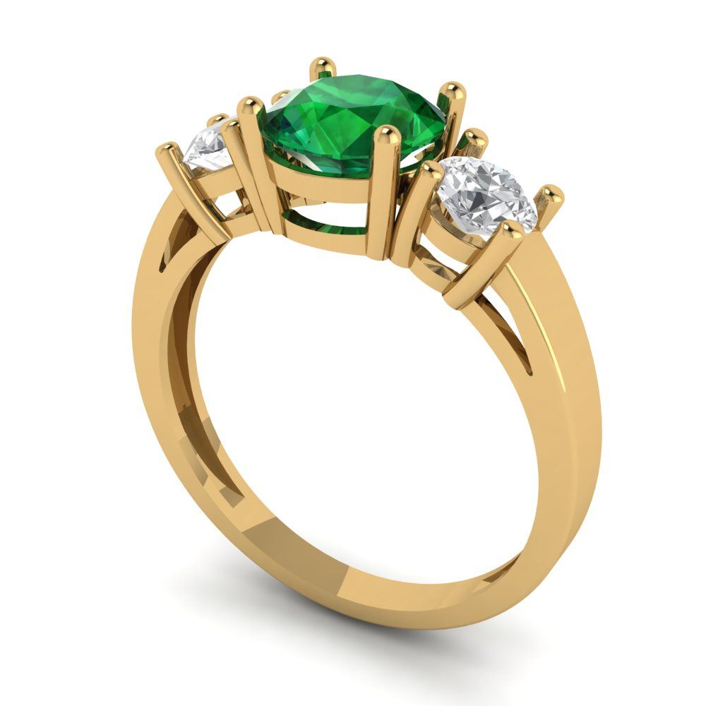 1.5 cttw Simulated Emerald Three-Stone Engagement Ring - Solid Gold (Round Cut,6.5mm)