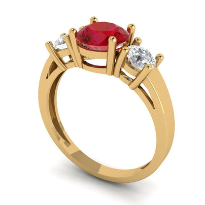 1.5 cttw Simulated Ruby Three-Stone Engagement Ring - Solid Yellow Gold (VVS1, Round Cut,6.5mm)