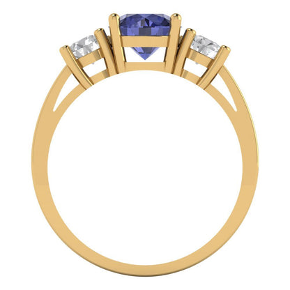 1.5 cttw Simulated Tanzanite Three-Stone Engagement Ring - Solid Gold (Round Cut,6.5mm)