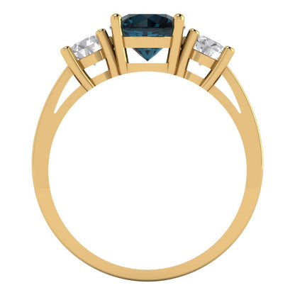 1.5 cttw Natural London Blue Topaz Three-Stone Engagement Ring - Solid Gold (Round Cut,6.5mm)