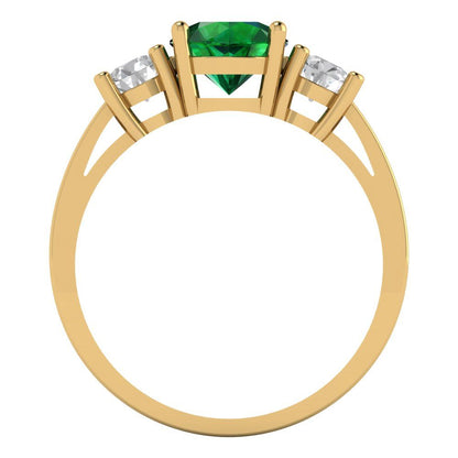 1.5 cttw Simulated Emerald Three-Stone Engagement Ring - Solid Gold (Round Cut,6.5mm)