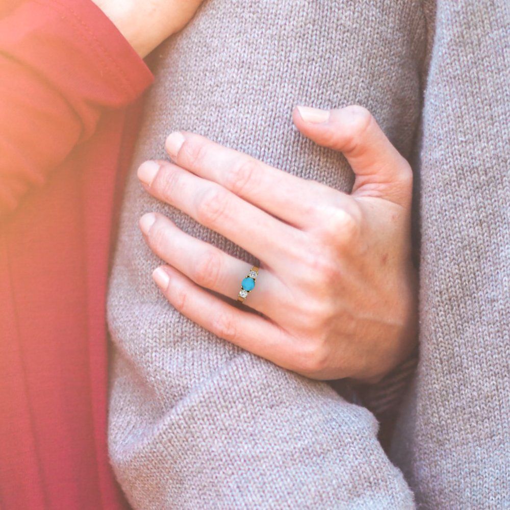 1.5 cttw Simulated Turquoise Three-Stone Engagement Ring - Solid Gold (Round Cut,6.5mm)