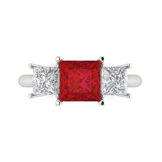2.5 cttw Simulated Ruby Three-Stone Engagement Ring - Solid White Gold  (VVS1, Princess Cut,6.5 mm)