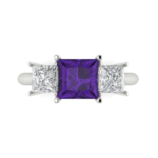 2.5 cttw Natural Amethyst Three-Stone Engagement Ring - Solid White Gold  (VVS1, Princess Cut,6.5 mm)