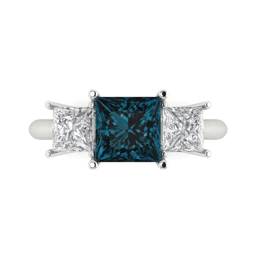 2.5 cttw Natural London Blue Topaz Three-Stone Engagement Ring - Solid White Gold  (VVS1, Princess Cut,6.5 mm)