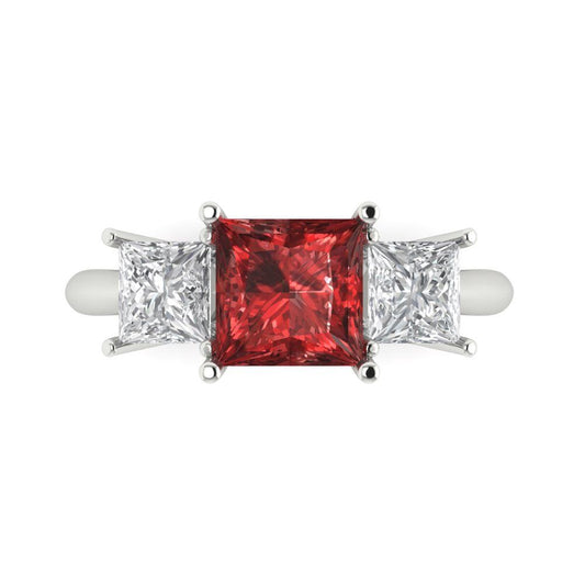 2.5 cttw Natural Garnet Three-Stone Engagement Ring - Solid White Gold  (VVS1, Princess Cut,6.5 mm)