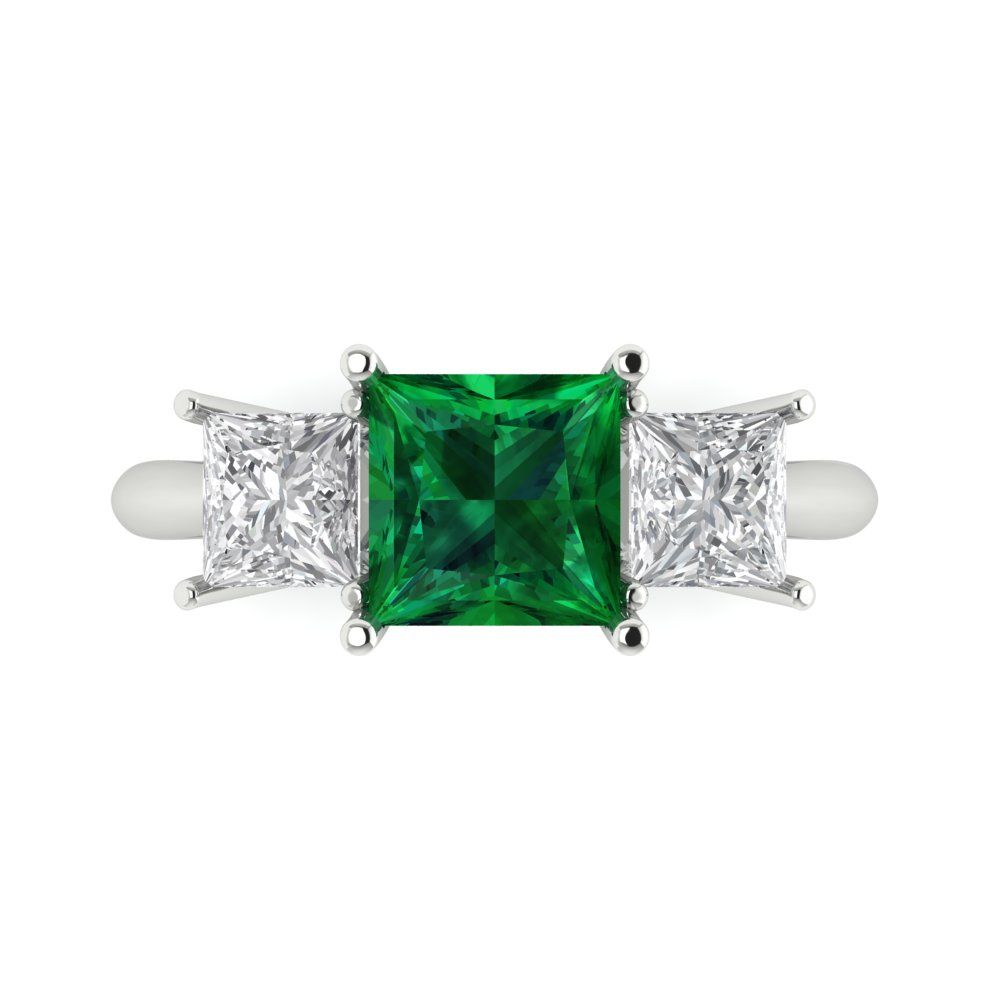 2.5 cttw Simulated Emerald Three-Stone Engagement Ring - Solid White Gold  (VVS1, Princess Cut,6.5 mm)