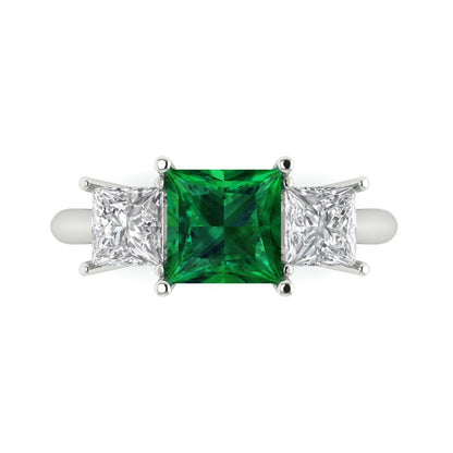 2.5 cttw Simulated Emerald Three-Stone Engagement Ring - Solid White Gold  (VVS1, Princess Cut,6.5 mm)