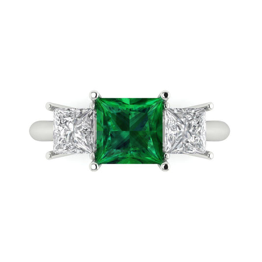 2.5 cttw Simulated Emerald Three-Stone Engagement Ring - Solid White Gold  (VVS1, Princess Cut,6.5 mm)