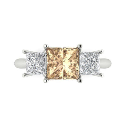 2.5 cttw Yellow Moissanite Three-Stone Engagement Ring - Solid White Gold  (VVS1, Princess Cut,6.5 mm)