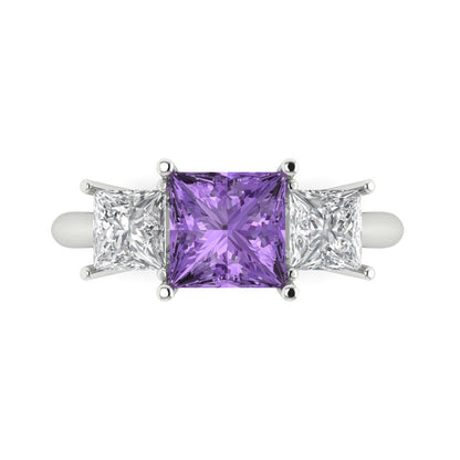 2.5 cttw Simulated Alexandrite Three-Stone Engagement Ring - Solid White Gold  (VVS1, Princess Cut,6.5 mm)