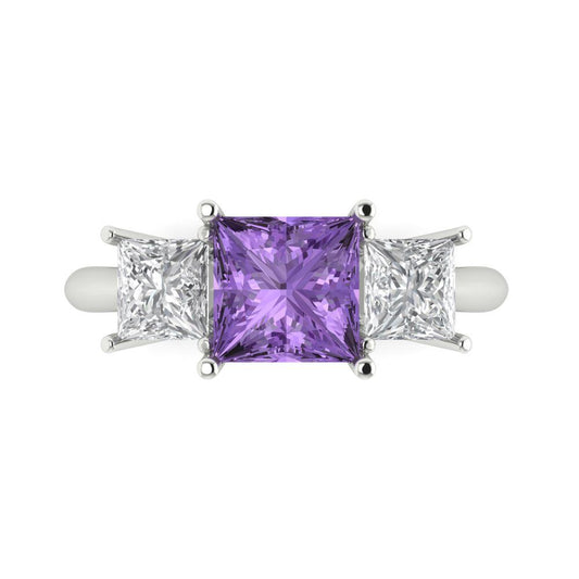 2.5 cttw Simulated Alexandrite Three-Stone Engagement Ring - Solid White Gold  (VVS1, Princess Cut,6.5 mm)