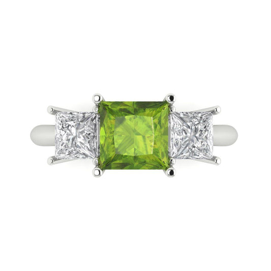 2.5 cttw Natural Peridot Three-Stone Engagement Ring - Solid White Gold  (VVS1, Princess Cut,6.5 mm)