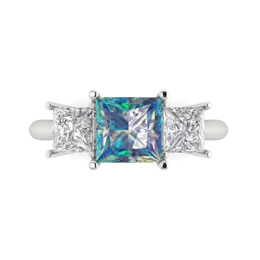 2.5 cttw Blue Moissanite Three-Stone Engagement Ring - Solid White Gold  (VVS1, Princess Cut,6.5 mm)