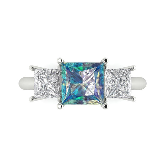 2.5 cttw Blue Moissanite Three-Stone Engagement Ring - Solid White Gold  (VVS1, Princess Cut,6.5 mm)