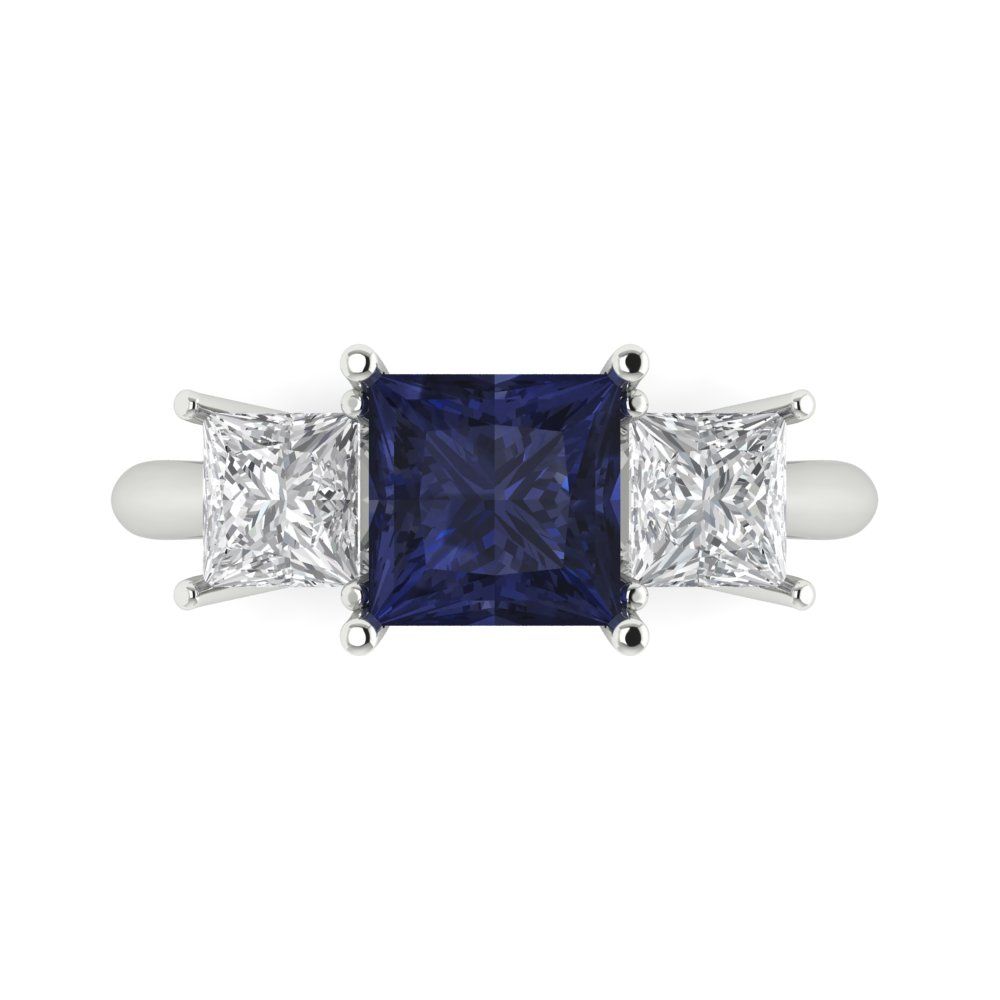 2.5 cttw Simulated Blue Sapphire Three-Stone Engagement Ring - Solid White Gold  (VVS1, Princess Cut,6.5 mm)