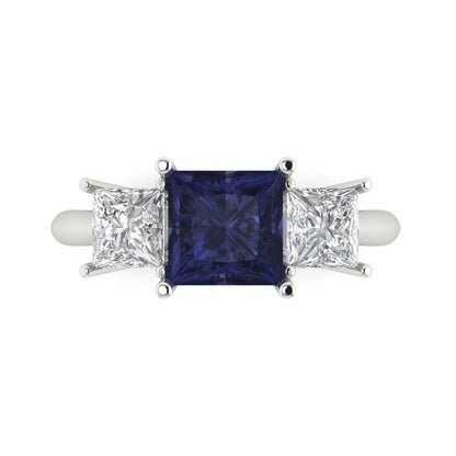 2.5 cttw Simulated Blue Sapphire Three-Stone Engagement Ring - Solid White Gold  (VVS1, Princess Cut,6.5 mm)