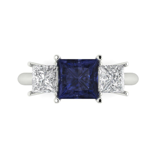2.5 cttw Simulated Blue Sapphire Three-Stone Engagement Ring - Solid White Gold  (VVS1, Princess Cut,6.5 mm)