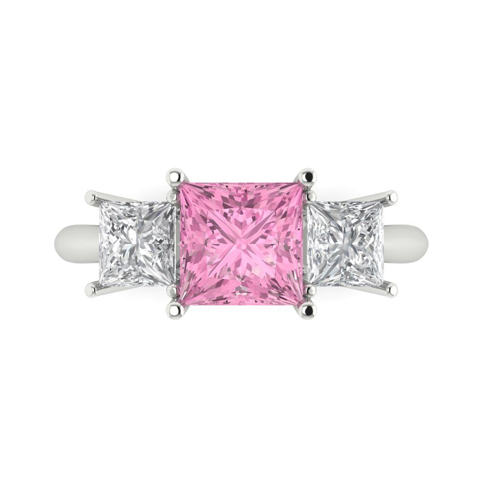 2.5 cttw Zirconia Simulated Pink Diamond Three-Stone Engagement Ring - Solid White Gold  (VVS1, Princess Cut,6.5 mm)