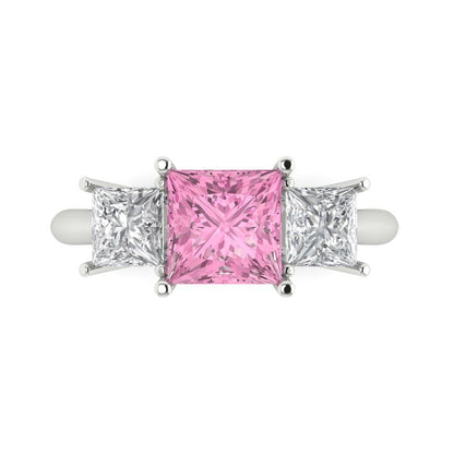 2.5 cttw Zirconia Simulated Pink Diamond Three-Stone Engagement Ring - Solid White Gold  (VVS1, Princess Cut,6.5 mm)