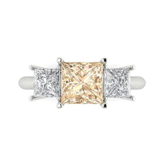 2.5 cttw Natural Morganite Three-Stone Engagement Ring - Solid White Gold  (VVS1, Princess Cut,6.5 mm)