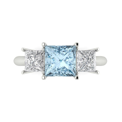 2.5 cttw Natural Swiss Blue Topaz Three-Stone Engagement Ring - Solid White Gold  (VVS1, Princess Cut,6.5 mm)