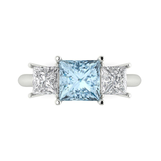 2.5 cttw Natural Swiss Blue Topaz Three-Stone Engagement Ring - Solid White Gold  (VVS1, Princess Cut,6.5 mm)