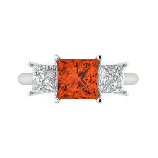 2.5 cttw Zirconia Simulated Red Diamond Three-Stone Engagement Ring - Solid White Gold  (VVS1, Princess Cut,6.5 mm)