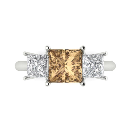 2.5 cttw Zirconia Simulated Champagne Diamond Three-Stone Engagement Ring - Solid White Gold  (VVS1, Princess Cut,6.5 mm)